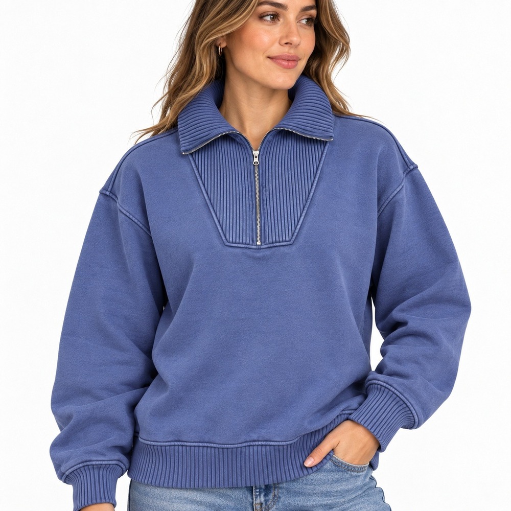 Aerie Blue Quarter Zip Ribbed Collar French Terry Sweatshirt Womens Medium